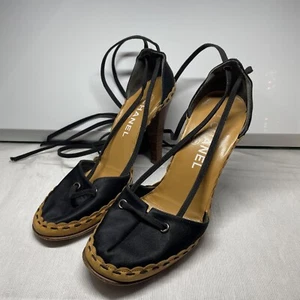 CHANEL Black Beige Lace Up Bead Heels w/ Wooden Block Platform Size 36.5 Italy - Picture 1 of 7