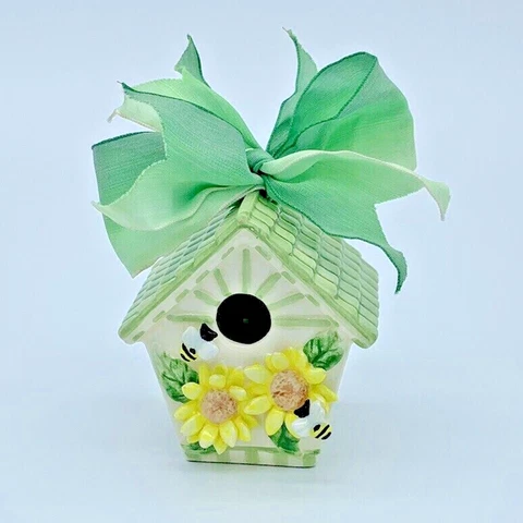 Sunflowers & Bees Bird House Ornament Green & White Ceramic HTF Mud Pie VTG 2000 Cover