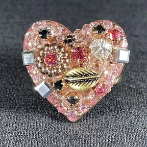 Betsey Johnson Rose Gold Pink Crystal Embellished Heart Stretch Ring RARE - Picture 1 of 6