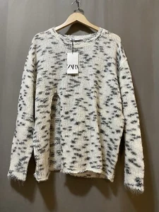 NWT ZARA Women Long Sleeve Wool Alpaca Blend Front Slit Sweater SZ L White Black - Picture 1 of 14