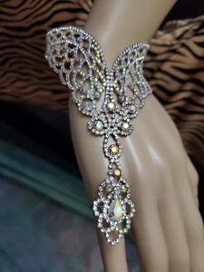 Silber klar weiß Kristall Strass Hochzeit Sklave Hand Kette Ring Armband - Bild 1 von 5