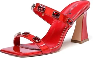 Vivianly Women's Red Square Toe Heels Sandals Chunky Slip On Gem Accents Size 10 - Picture 1 of 10