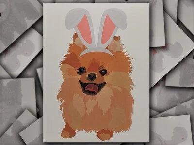 Pomeranian Hand-Drawn Easter Bunny Rabbit Dog Card with Envelope - Image 1 of 4