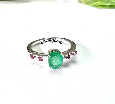 Natural Emerald Ring with Ruby Round-Emerald Sterling Silver Ring-May Birthstone - Image 1 of 4