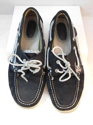 Sperry Top Sider 9.5 Cuero Azul Marino Plata Cuadros Cordones Plana Mocasín - Imagen 1 de 4