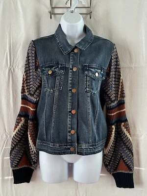 Women’s Flying Tomato Boho Knit Sleeve Denim Jean Jacket Size M - Image 1 of 4