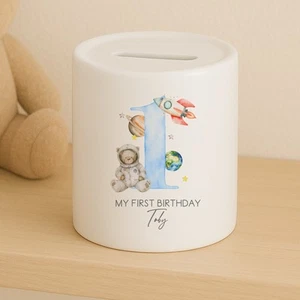 Personalised Blue Spaceman Birthday Money Box - Picture 1 of 2