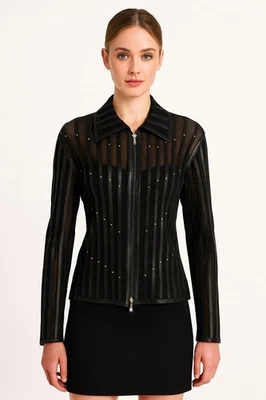 MONACO Studded Striped Zip Motorcycle Jacket Women's M Black Long Sleeve Gothic - Image 1 of 4