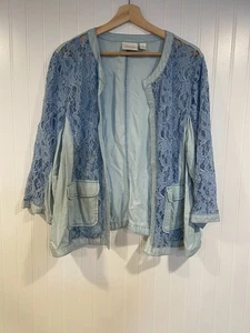 Chicos Top Donna Tg 3 XL Blu Chambray Pizzo Anteriore Maniche 3/4 Tasche - Foto 1 di 5
