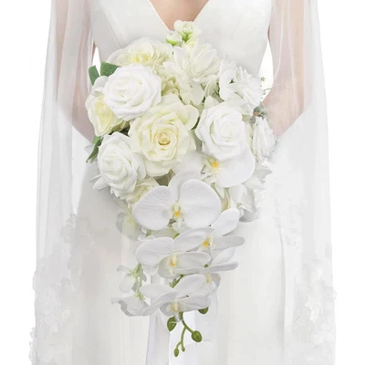 白色兰花层叠婚礼花束适用于新娘级联新娘花束... — 第 1/4 张图片