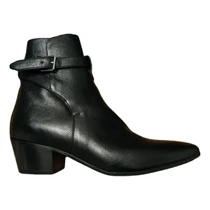 SAINT LAURENT West Black Leather Buckle Strap Block Heel Ankle Boot 39.5/9.5 - Picture 1 of 9