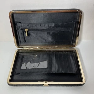 Women's Black faux Hard Case bifold Wallet - 6 Card Slots - Zip Pocket 2 divider - Picture 1 of 8