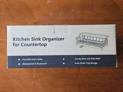 Sponge Holder for Kitchen Sink - Silver Sink Caddy with Auto Draining Tray - Image 1 of 4