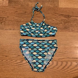 Old Navy Fish Pattern Vtg Y2K 90s Swimsuit Bikini Girls Size 6 Navy Blue Teal - Picture 1 of 5