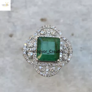 Natural Pave Diamond Emerald Ring 925 Solid Silver Gemstone Jewelry For Her - Picture 1 of 5