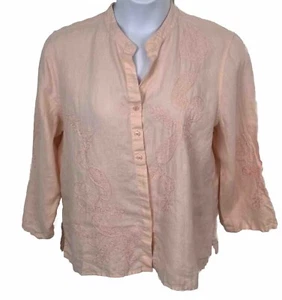 Liz Claiborne Bluse XL 100% Leinen rosa bestickt Mandarinkragen Bohemian - Bild 1 von 13