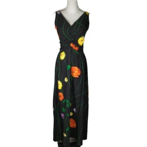 Vintage 1970s Ottino Black & Floral V Neck A Line Sleeveless Maxi Dress Size 10 - Picture 1 of 6