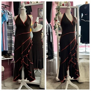 Vintage Y2K Asymmetric Fairy Dress Orange Brown Halter Midi Maxi Stretch S/M - Picture 1 of 10