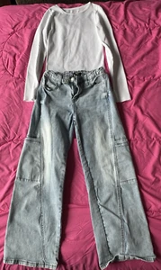 Forever 21 cargo relaxed fit wide leg jeans Girls size 11/12 lot w/ Aura shirt - Picture 1 of 6