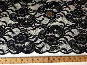 NEW High Class Designer Jet Black Stretch Net Guipure Floral Scalp Lace Fabric - Picture 1 of 5