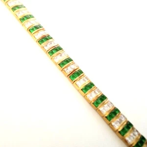 Sterling Vermeil Green and Clear Channel Set Crystal Tennis Bracelet - Picture 1 of 7