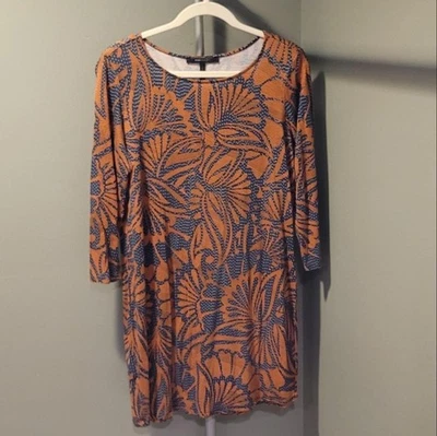 BCBGMAXAZRIA 花卉印花衬衫连衣裙 3/4 长袖,尺寸 L,橙色和蓝色 — 第 1/4 张图片