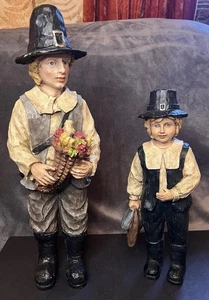 Vintage Pilger Mann & Junge Kolonial Holz Harz geschnitzt Figuren 18" Erntedankfest - Bild 1 von 11