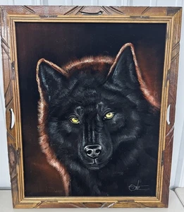 Vintage David Ortiz 1970s Velvet Painting Black Wolf Signed 22.5”x18.5” - Picture 1 of 7