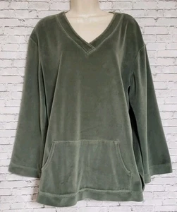 J. Jill Womens Velour Velvet Tunic Top Sage Green Size Large Kangaroo Pockets - Picture 1 of 13