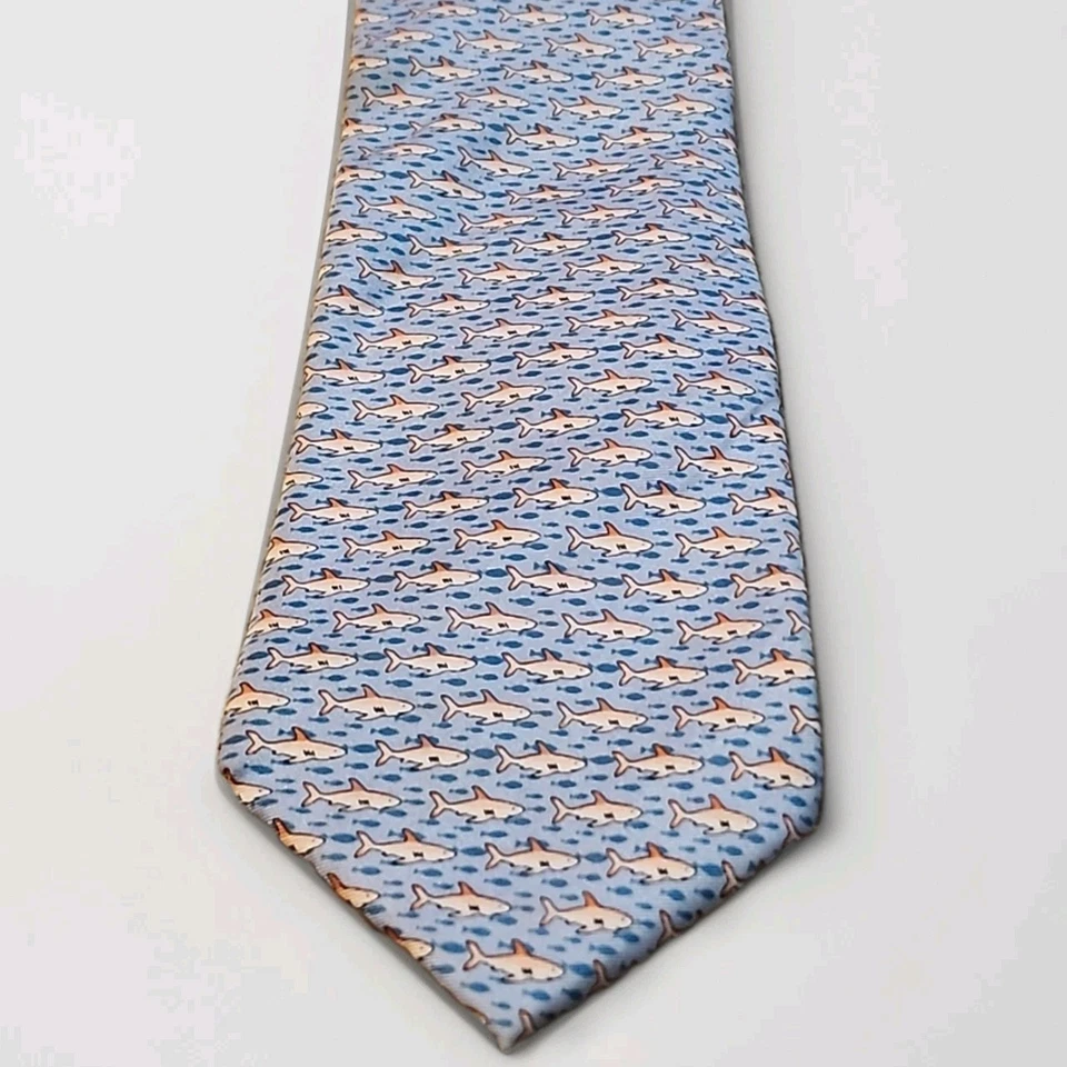 Tommy Hilfiger 100% Seda Hombre Corbata Azul Tiburones Pez 3"x58" Foto 1 de 4