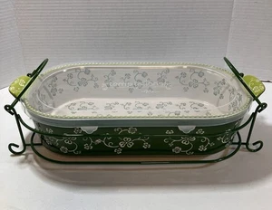 Temp-tations By Tara Green Floral Lace 3 Qt Crock W/ Plastic Lid & Serving Stand - Imagen 1 de 4