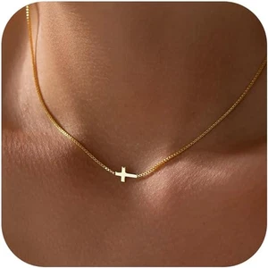 Cross Necklace for Women 14K Gold Silver Plated Dainty Small Cross Pendant Choke - Picture 1 of 12