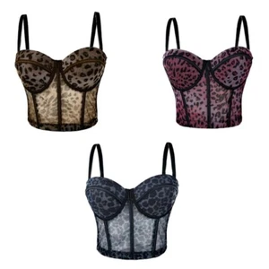 Leopard Pattern Mesh Bustier Crop Top for Women Fishbone Corset Camisole Vest - Picture 1 of 20