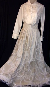 Maria Pinto Ivory Silk Tafetta Snowflake Crystal full Length Skirt & Tux Shirt 6 - Picture 1 of 13