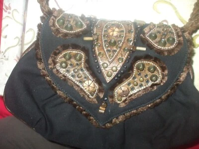 Braccialini Tua black canvas brown leather bead stud gorgeous handbag purse bag - Image 1 of 4