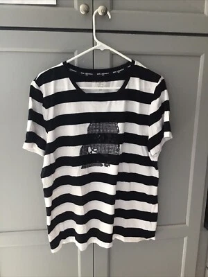 Camiseta Karl LagerfeldParis Mezcla Algodón Rayas Lentejuelas Logo Talla XL/TG Negra/Blanca Foto 1 de 4