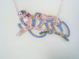 Monkey Necklace LAB RUBY, TURQUOISE, CHROME DIOPSIDE Rose Gold-plated 925 SILVER - Picture 1 of 4