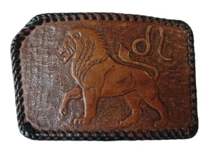 VINTAGE LION LEO LEATHER HIPPIE BELT BUCKLE BROWN HANDMADE RETRO - Picture 1 of 11
