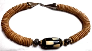 Inlaid 1.5" Barrel Bead Black Onyx & MOP Necklace 16" Ethnic Tribal Wood Disks - Picture 1 of 7
