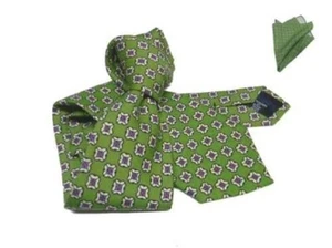 Corbata Lana Hombre Verde Dibujos Beige Azul y Combinado Pañuelo - Imagen 1 de 3