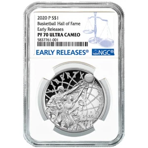 2020-P Proof $1 Basketball Hall of Fame Silver NGC PF70UC ER Blue Label - Picture 1 of 2