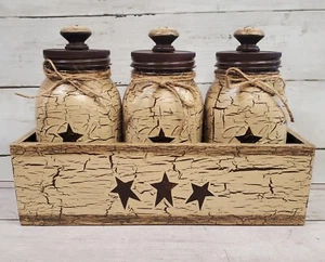 Primitive Crackle Tan & Brown Stars Mason Jars & Wood Box or Choice Color - Picture 1 of 3