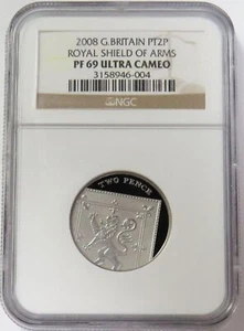 2008 PLATINUM 184 MINTED GREAT BRITAIN ROYAL SHIELD OF ARMS 2 PENCE NGC PF 69 UC - Picture 1 of 2