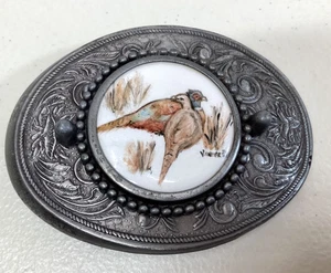 Vintage Belt Buckle Hand-Painted Pheasants Enamel Inlay Scroll Work Metal 3" - Picture 1 of 6