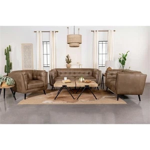 Coaster Thatcher 3-piece Faux Leather Upholstered Tufted Living Room Set Brown - Picture 1 of 15