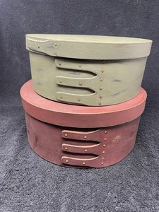 Wooden Stackable Round Modern Storage Boxes  Lids Country Vintage Style Set of 2 - Picture 1 of 5
