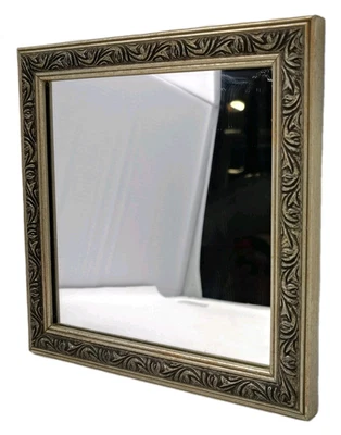 VTG Small Ornate Silver Framed Square Wall Hanging Mirror Accent Engraved Decor - Image 1 of 4