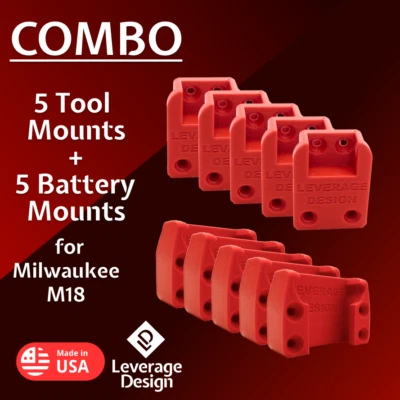 COMBO Pack: 5 / 5 HEAVY DUTY Milwaukee M18 TOOL Holder Mount - MADE IN USA