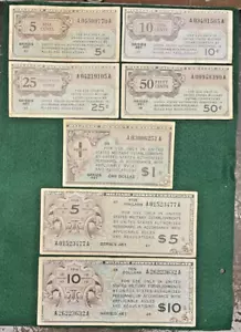 1st Military Set of 7 MPC 5, 10, 25, 50¢, $1, $5 & $10 Series 461 used in 1946-7 - Picture 1 of 2