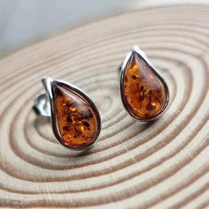 925 Sterling Silver & Baltic Amber Modern Teardrop Studs Earrings - G029S - Picture 1 of 27